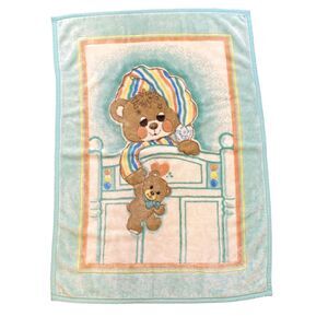 Vintage Baby Blanket Sleepy Bedtime Teddy Bear Super Baby Teal Peach Cute 39x55